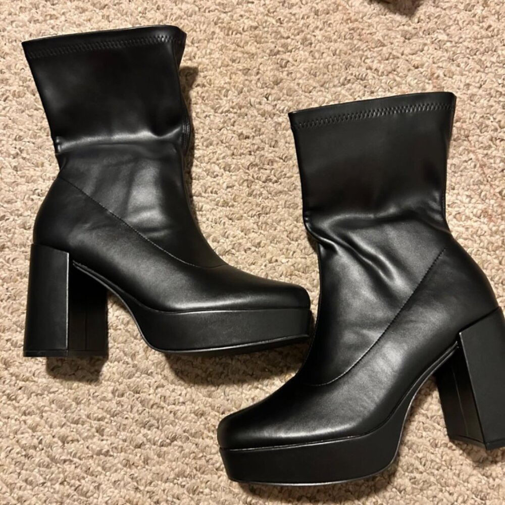 🆕Dream Pair Women Black-pu Faux Leather Mid Calf Platform Block Heel Ankle Boot